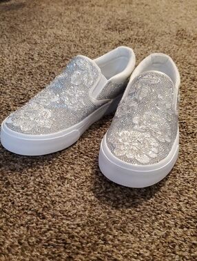 Hand-Embellished Lace Applique and Rhinestone Bridal Slip On Sneakers Size 6.5